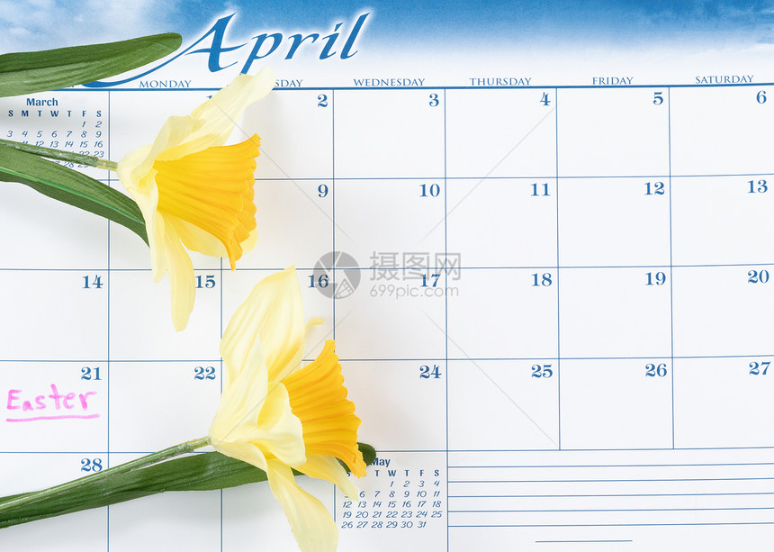 在日历上标注复活节日有黄色水仙图片