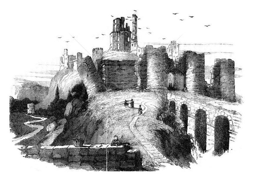 CorfeCastle的废墟Dorset伯爵古老的雕刻图案1837年英国丰富多彩的历史图片