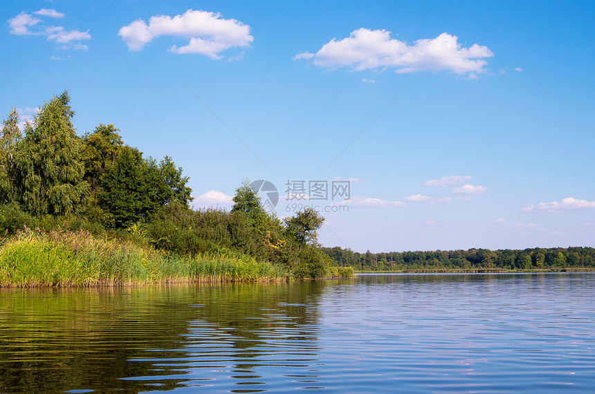 湖边美丽的夏日风景绿草和蓝天空图片