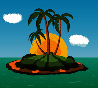 岛叶日出有棕榈树的荒漠岛插画插画
