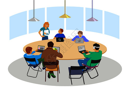工作站办公室业务以平板集思广益或共同工作的方式举行良好商业会议插画