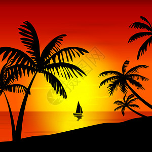 岛上的棕榈树和海平线上的帆船插画