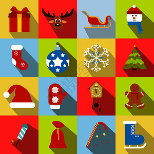 16个圣诞节平面图标组多颜色符号图片