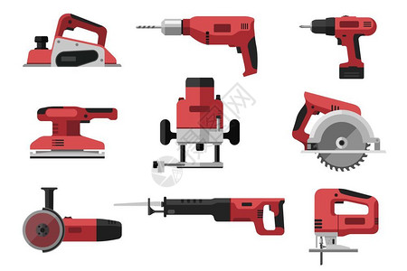 研磨工具电动工具安装在平式电动工具上红色业具锯子钻机平板研磨螺丝起子电动工具等说明插画