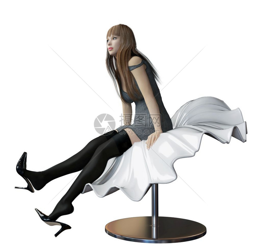 一个感的白人妇女穿着黑色高跟鞋短裙或长袍和发坐在一个未来的塑料流动长椅或子上在白色背景下被孤立图片