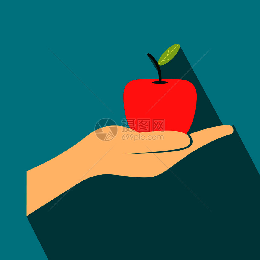 红苹果平面图标在蓝色背景上的手红苹果平面图标的手图片