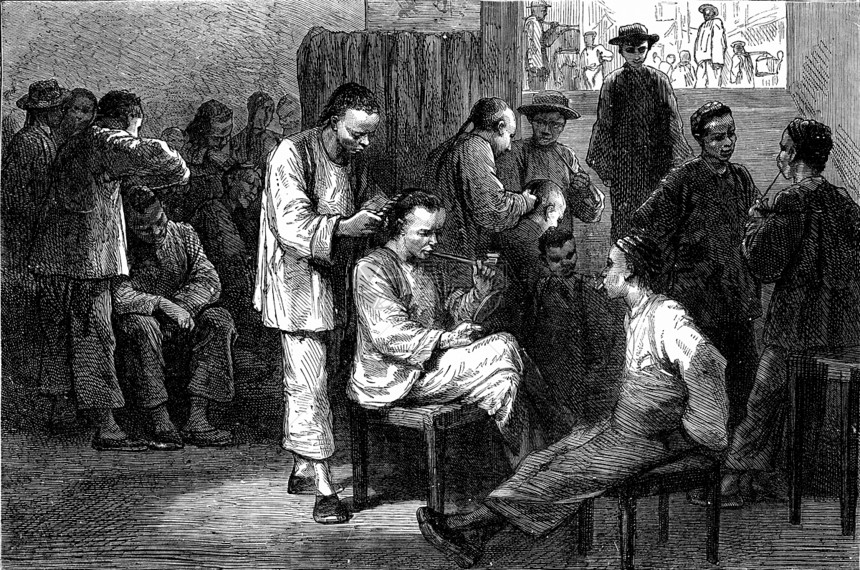 理发师等待其人数的客户古老刻画旅行杂志18790年图片