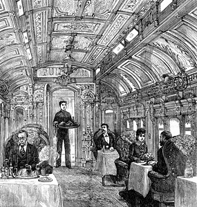 火车服务员太平洋铁路的汽车餐古老的雕刻图集航海杂志旅行18790年第1790页背景