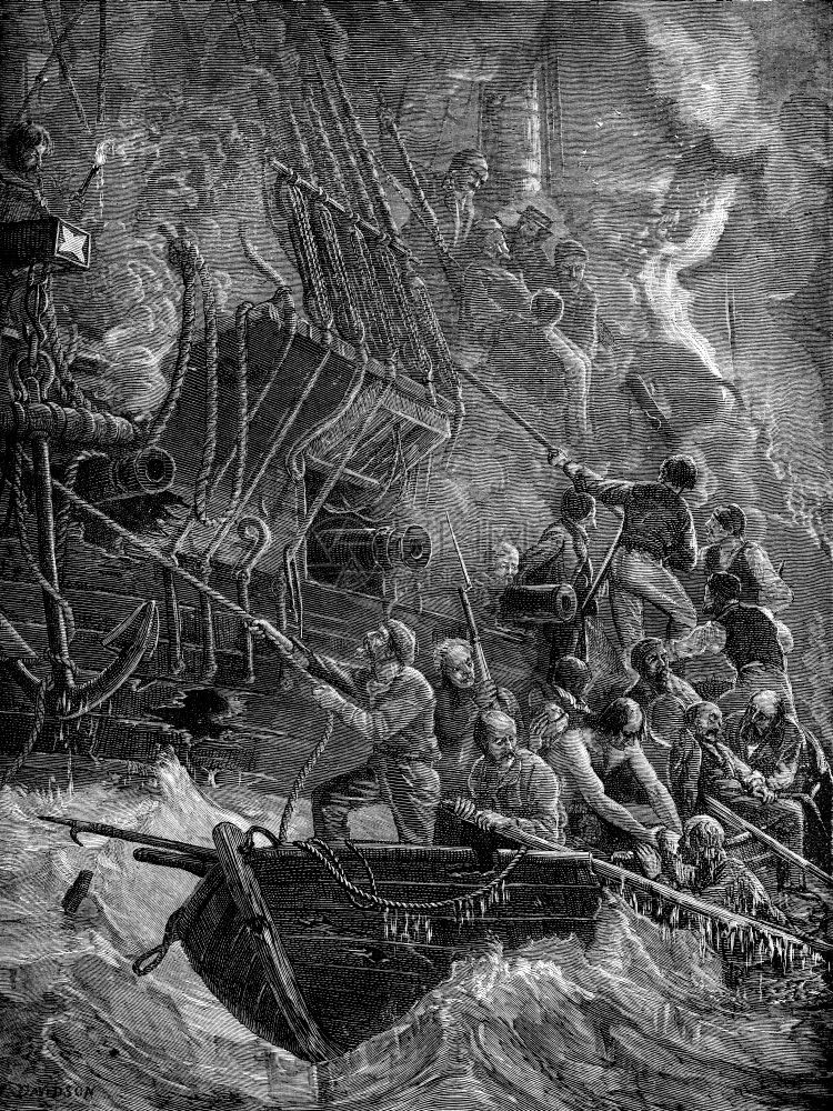 Acteon损失他们放火烧船刻有古老的插图航海杂志旅行18790年图片