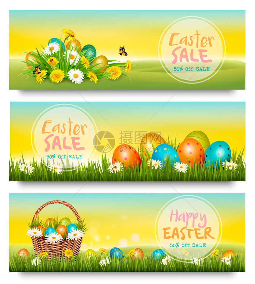 三个复活节销售旗子绿色草地和春花里多彩的鸡蛋矢量图片