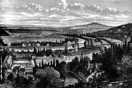 卢维西安斯巴里的全景左观古代刻画图旅行杂志180年背景图片