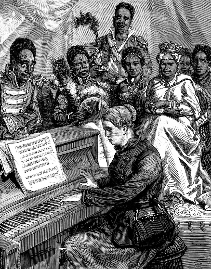 IdaPfeiffer在Pomare王后法院弹钢琴古典刻画插图Voyage杂志旅行日报180年图片