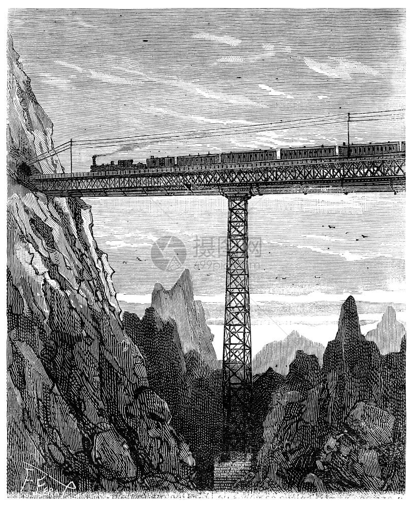 世界各地继承人的冒险在火车上Bridges头晕刻有古老的插图旅行杂志180年图片