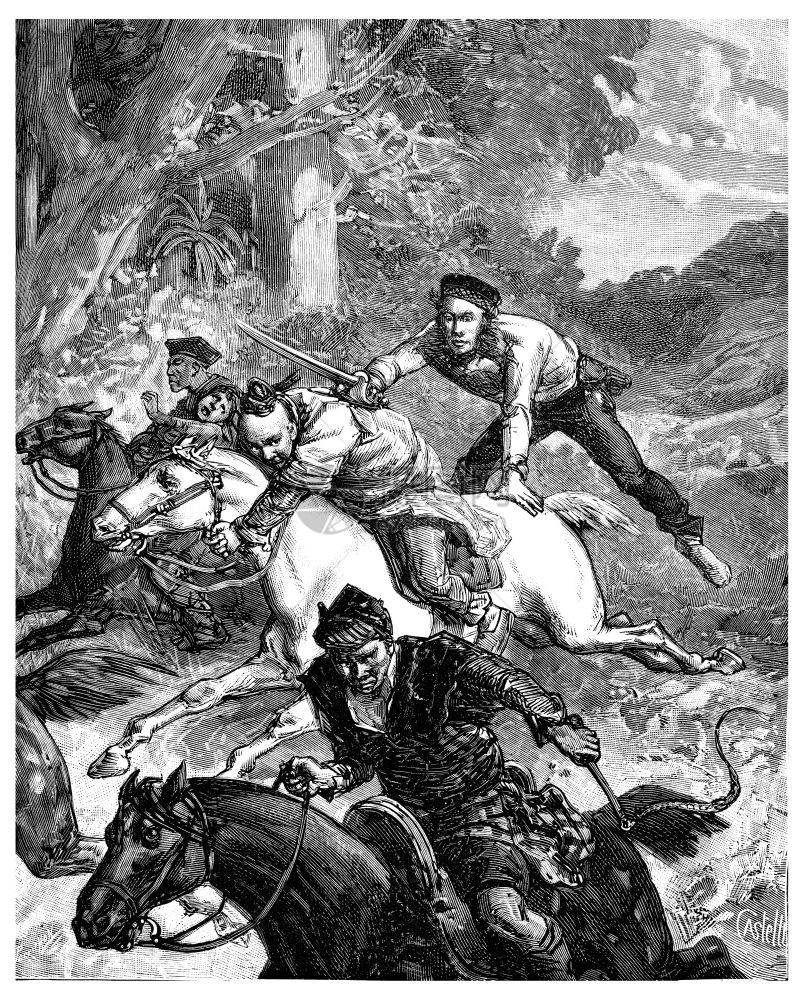 黄色帆船水手摔倒在马和srump刻有文字的插图Voyage杂志旅行日报180年图片