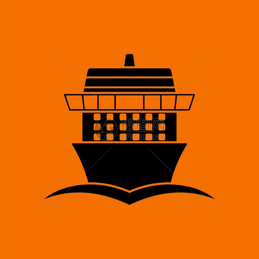 游轮图标前视橙色背景上的黑矢量插图图片