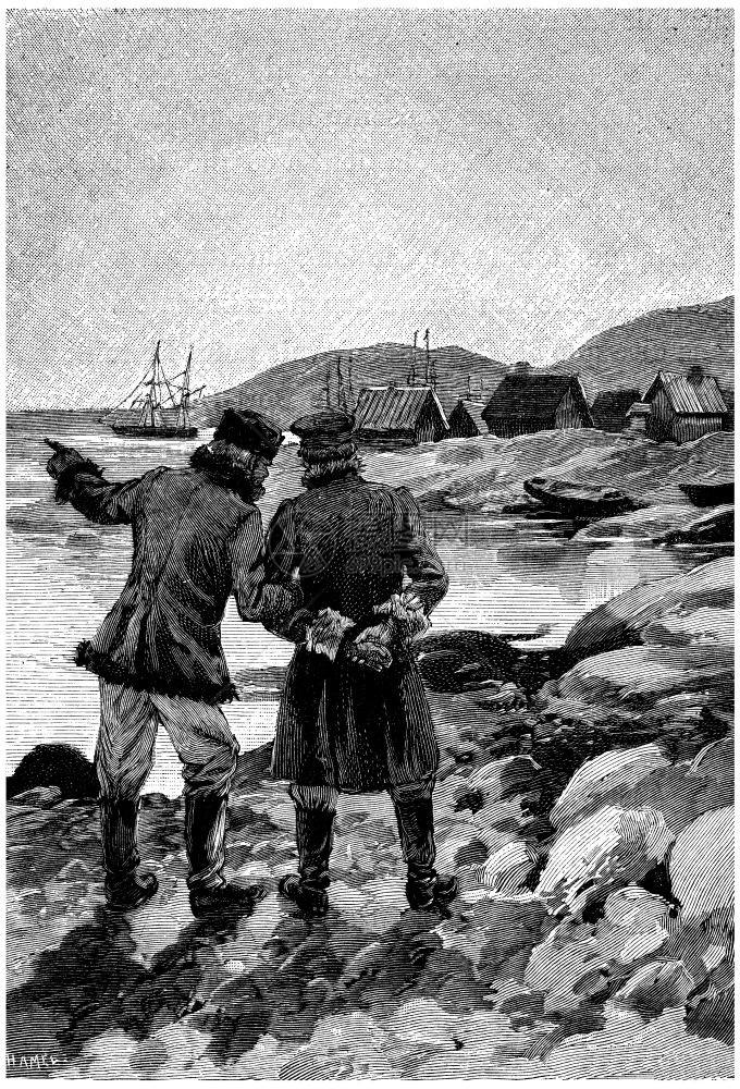 两名男子在与港口的极端对话刻着古老的插图JulesVerneCesarCascabel1890年图片
