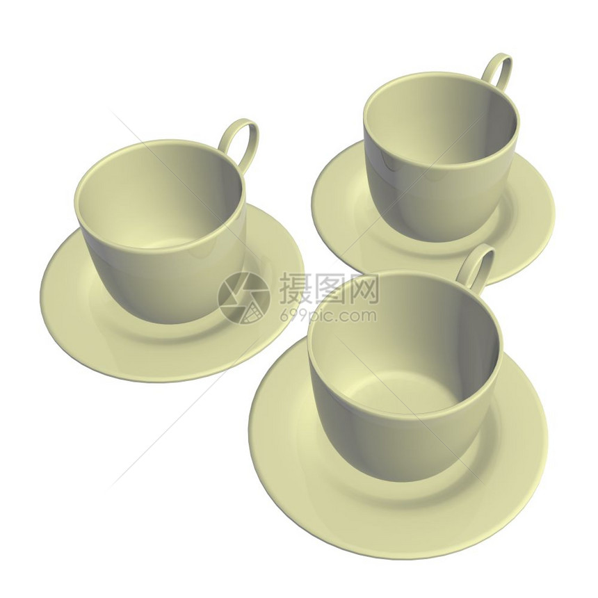 陶瓷茶杯和酱汁3D插图以白色背景隔离图片