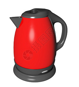 红色和黑电动茶壶3D插图以白色背景隔离图片