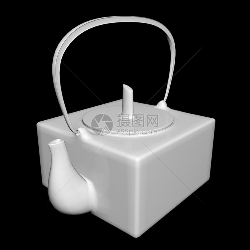 白色陶瓷茶壶3D插图与黑色背景隔绝图片