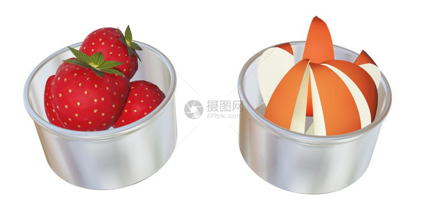 铝或不锈钢甜点杯全草莓和苹果网3D插图在白色背景下隔离图片