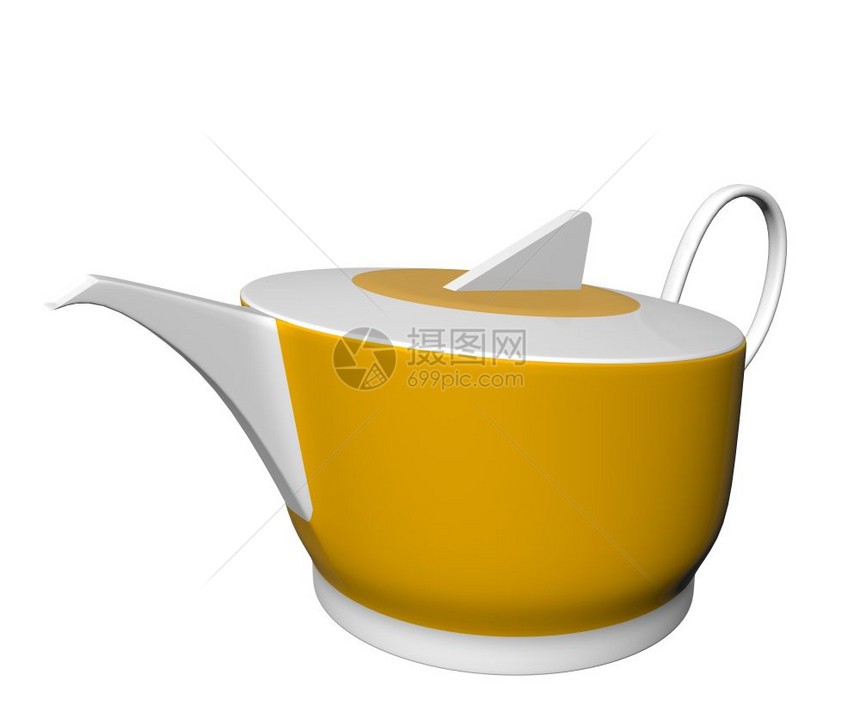 白色和黄陶瓷茶壶3D插图以白色背景隔离图片