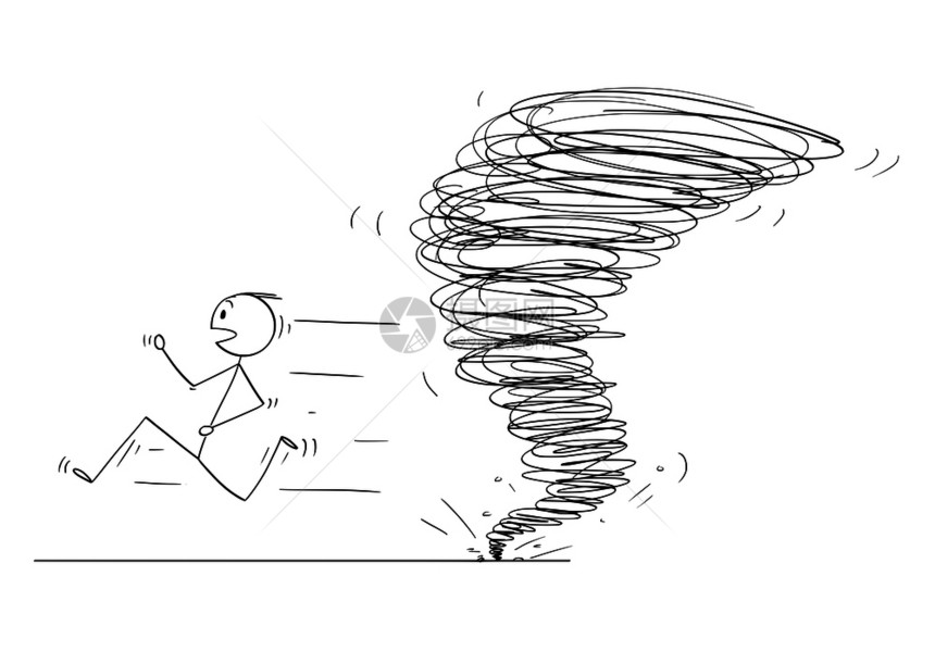 卡通棍子图绘制人类逃离龙卷风旋涡的概念图图片