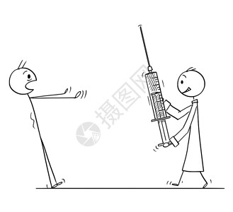 卡通棍子图描绘了人类惊吓的概念图在眼中人类惊吓看着医生用大注射或器来保健或疫苗接种概念背景图片