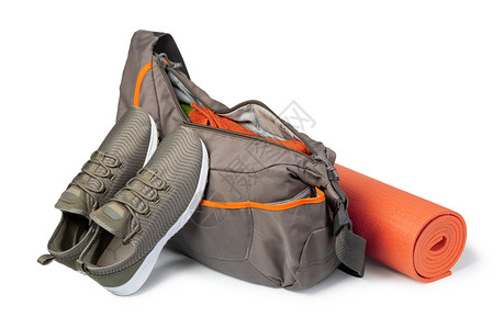 鞋袋带有体育设备的运动袋白色背景孤立带有体育设备的运动袋背景