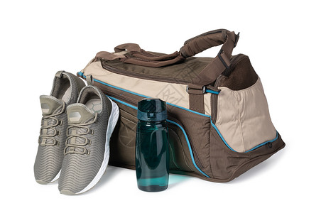鞋袋带有体育设备的运动袋白色背景孤立带有体育设备的运动袋背景