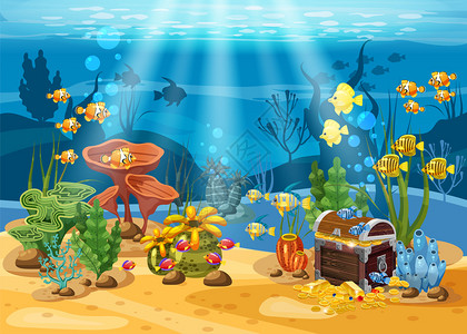 海底的宝藏珊瑚海藻热带鱼矢量插画背景图片