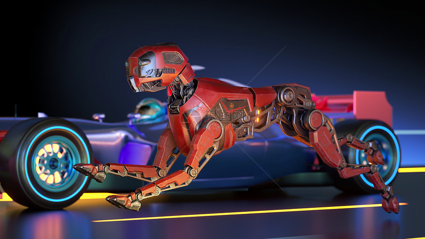 红色机器人狗正在和运动车赛跑3D插图图片