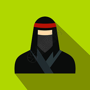 战争图标绿色背景的黑面罩平图标中的女忍者黑色面罩平图标中的女忍者背景
