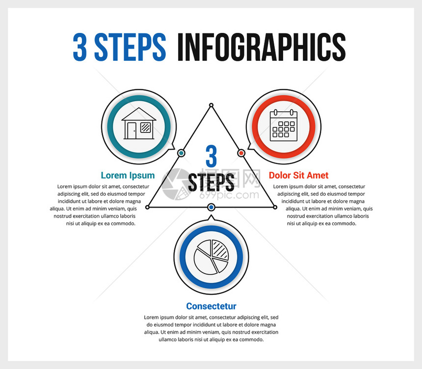 包含三个要素步骤或选项工作流程或图矢量eps10插图等三个要素矢量插图的表模板图片
