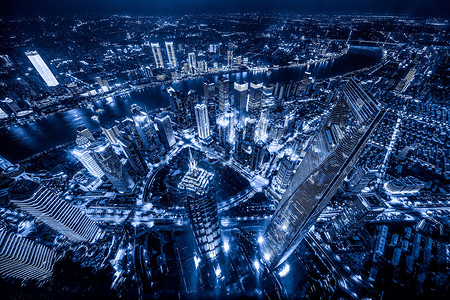 上海市心空景象亚洲智能城市的金融区和商业中心夜间摩天大楼和高的顶层景象背景图片