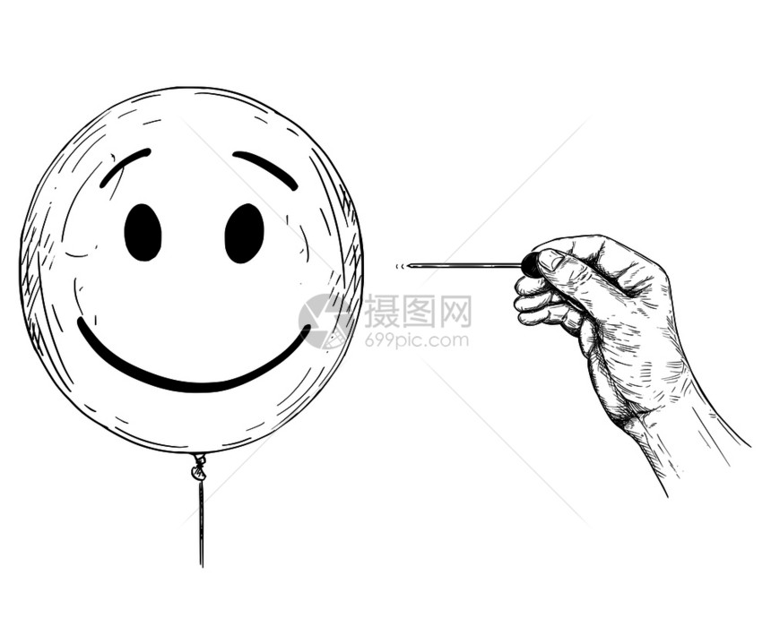 卡通画用针头或刺人脸的气球和代表个心理健康的手画概念说明插画用针头或Pin插画用人脸的气球或画用针头Pin插画用人脸的气球图片