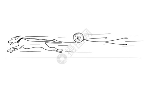 卡通棍子图描绘一个概念插图说明男人把跑狗绑在皮带上动物后面飞或挥手图片