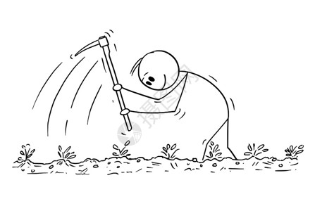 扛着锄头的男人卡通棒图描绘贫穷农民在田野与蹄一起辛勤工作的概念说明插画