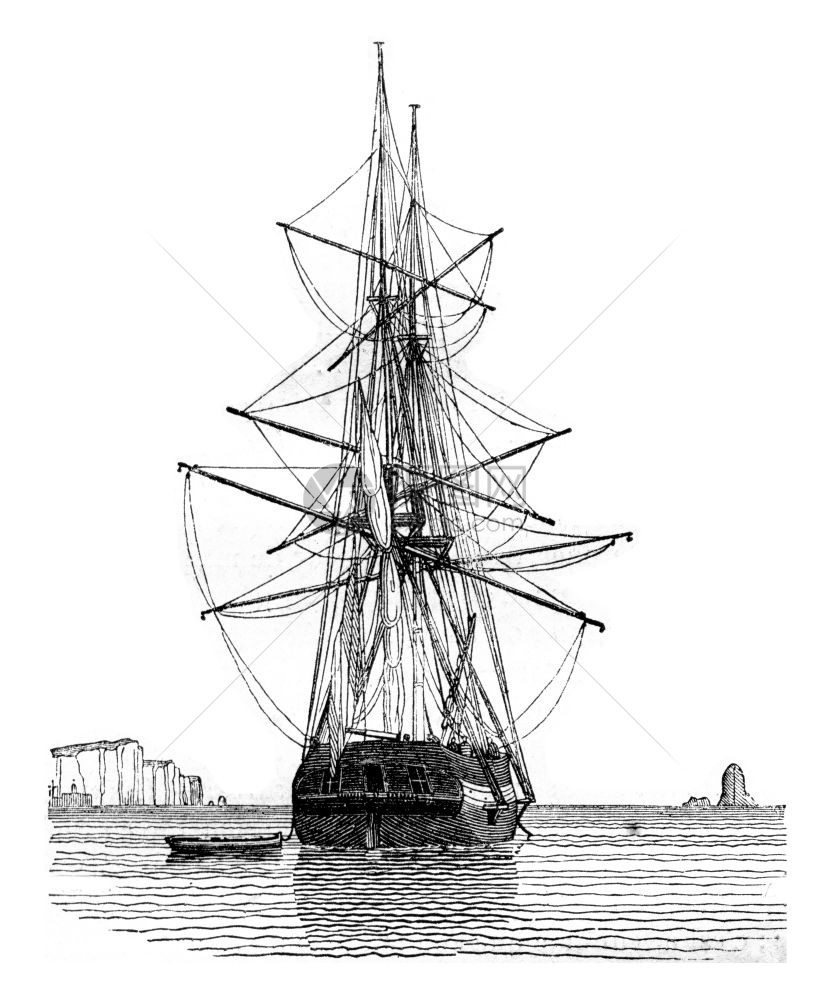 Brigpantenne服丧湿的背面看见古老刻着插图1842年的MagasinPittoresque图片