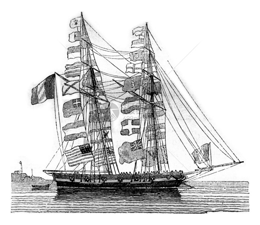 Pavisseschooner湿润由右舷的bodoir1842年MagasinPittoresque刻有古老的插图图片