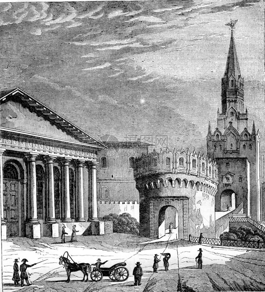 莫斯科的景象三一门和运动室1842年马加辛皮托雷斯克刻有古老的插图图片