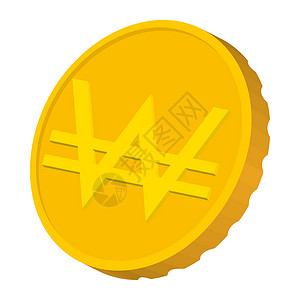 韩国图标白背景的卡通风格中圆金硬币与牌符号图标金硬币与圆牌符号图标卡通风格背景