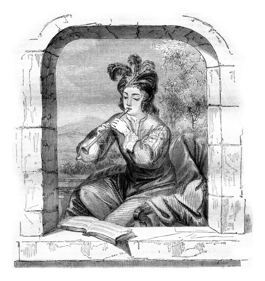 奥尔良博物馆笛手古老的雕刻图例1843年的MagasinPittoresque图片