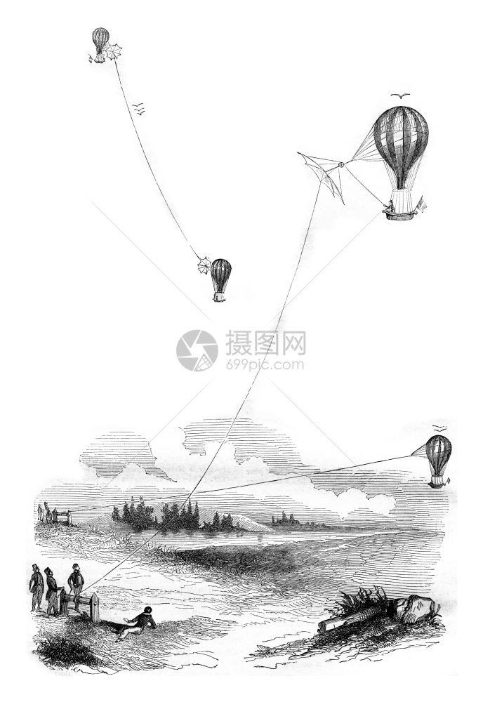 Aerostat系球飞机古代刻字插图184年的MagasinPittoresque图片