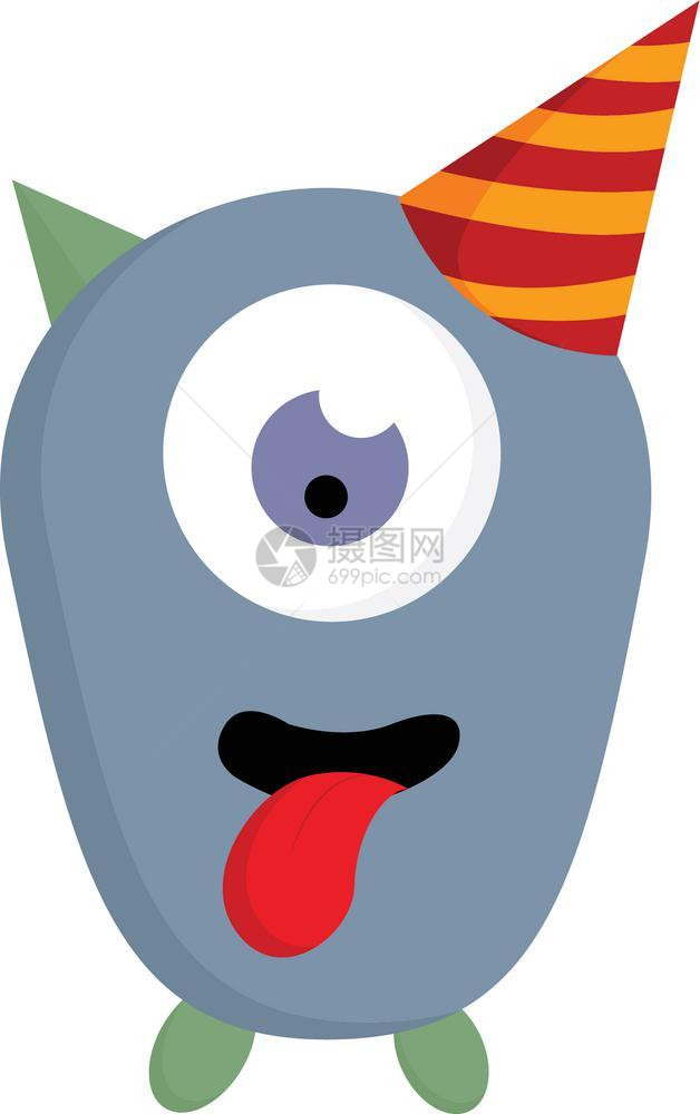 一只戴着生日帽子的眼睛怪兽一只红色的粘住舌头矢量彩色画或插图图片
