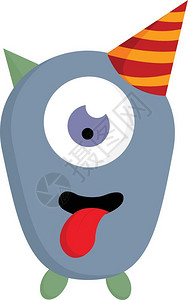 一只戴着生日帽子的眼睛怪兽一只红色的粘住舌头矢量彩色画或插图图片