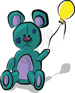 一只装有黄气球卡通矢量彩色绘画或插图的青色熊玩具图片