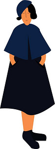 穿蓝色裙子的女孩戴着蓝帽子黑鞋闭着眼睛卡通矢量彩色画或插图图片