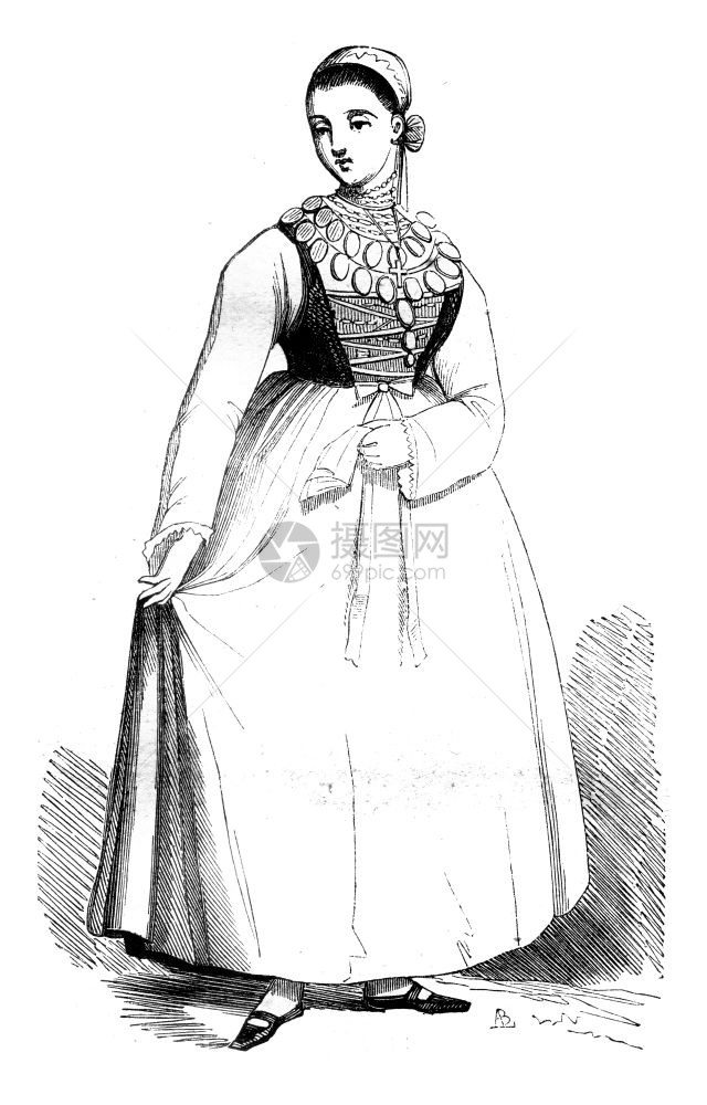 Alsace的Costume节1845年的MagasinPittoresque古典雕刻的插图图片