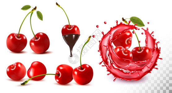 红色的果汁甜樱桃和果汁插画