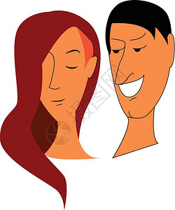 红发女孩闭着眼睛男微笑卡通矢量彩色画或插图图片